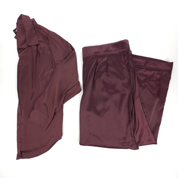 NWT Torrid Madison Satin Button-Up Long Sleeve Shirt Wide Leg Pant Set Burgundy - Picture 1 of 12